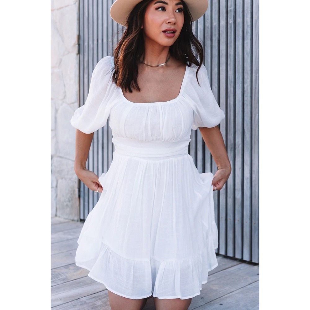 White Gauzy Mini Dress Size S/M/4/6 Square Neck Milkmaid Tiered Crepey Open Back